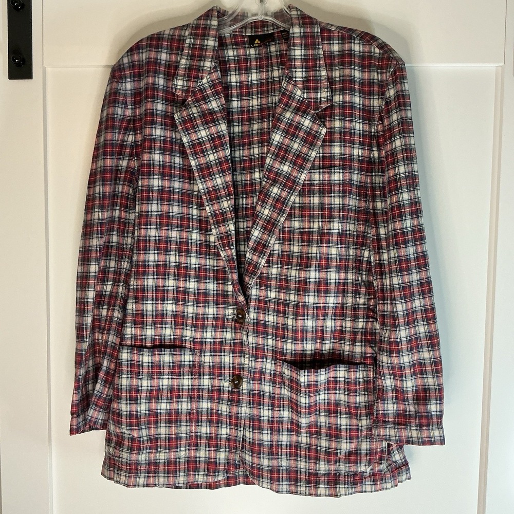 Liz Sport Vintage Blazer Size 8 Red Plaid Linen Cotton Blend Academia Heritage